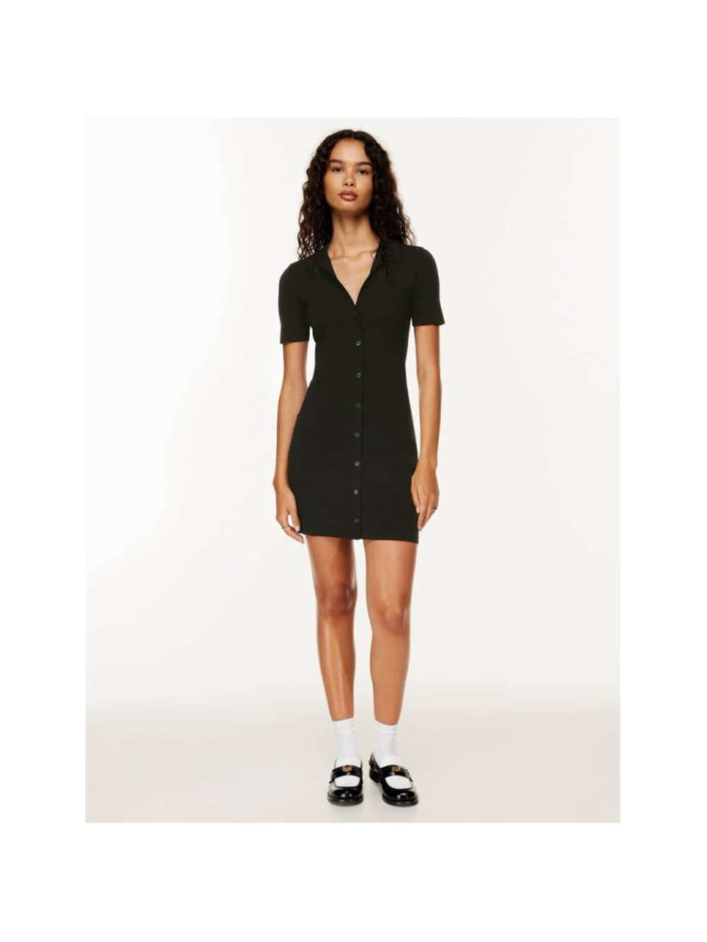 Aritzia Polo Mini Dress Button Front Black Knit Short Sleeve Size Large - Picture 2 of 12